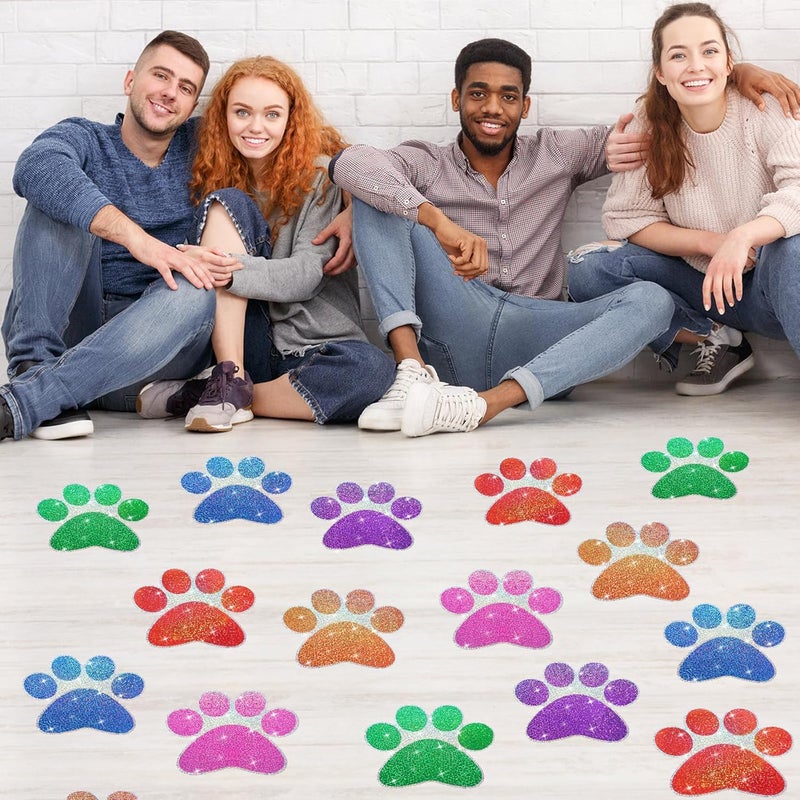 ReliThick 30 Pcs Paw Print Floor Decal 7.5" Large Pawprints Wall Cling Self Adhesive Footprint Floor Cling Window Stickers Wall Decal for Bedroom Living Room Decor(Shiny Colorful) - Image 1